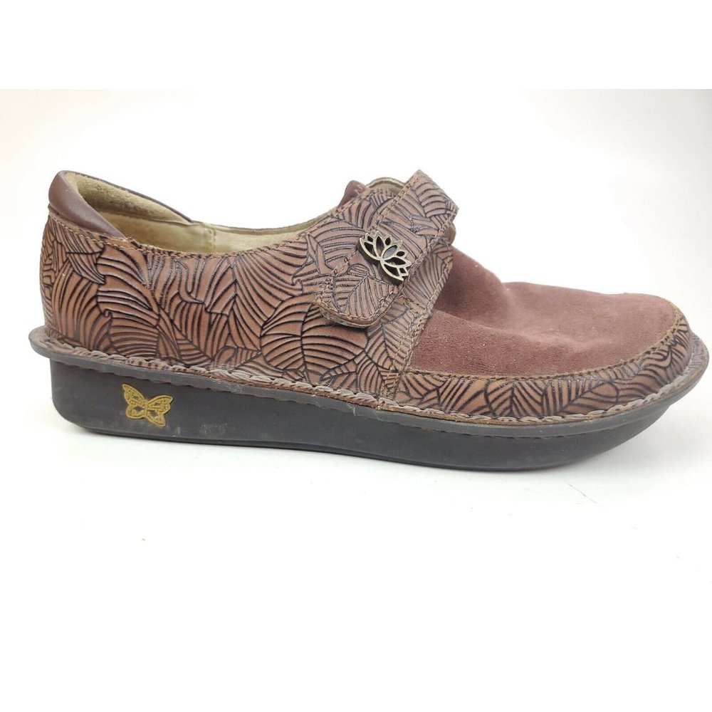 Alegria Brenna Leather Floral Embossed Brown Women Shoes Size 38 (US 8-8.5)